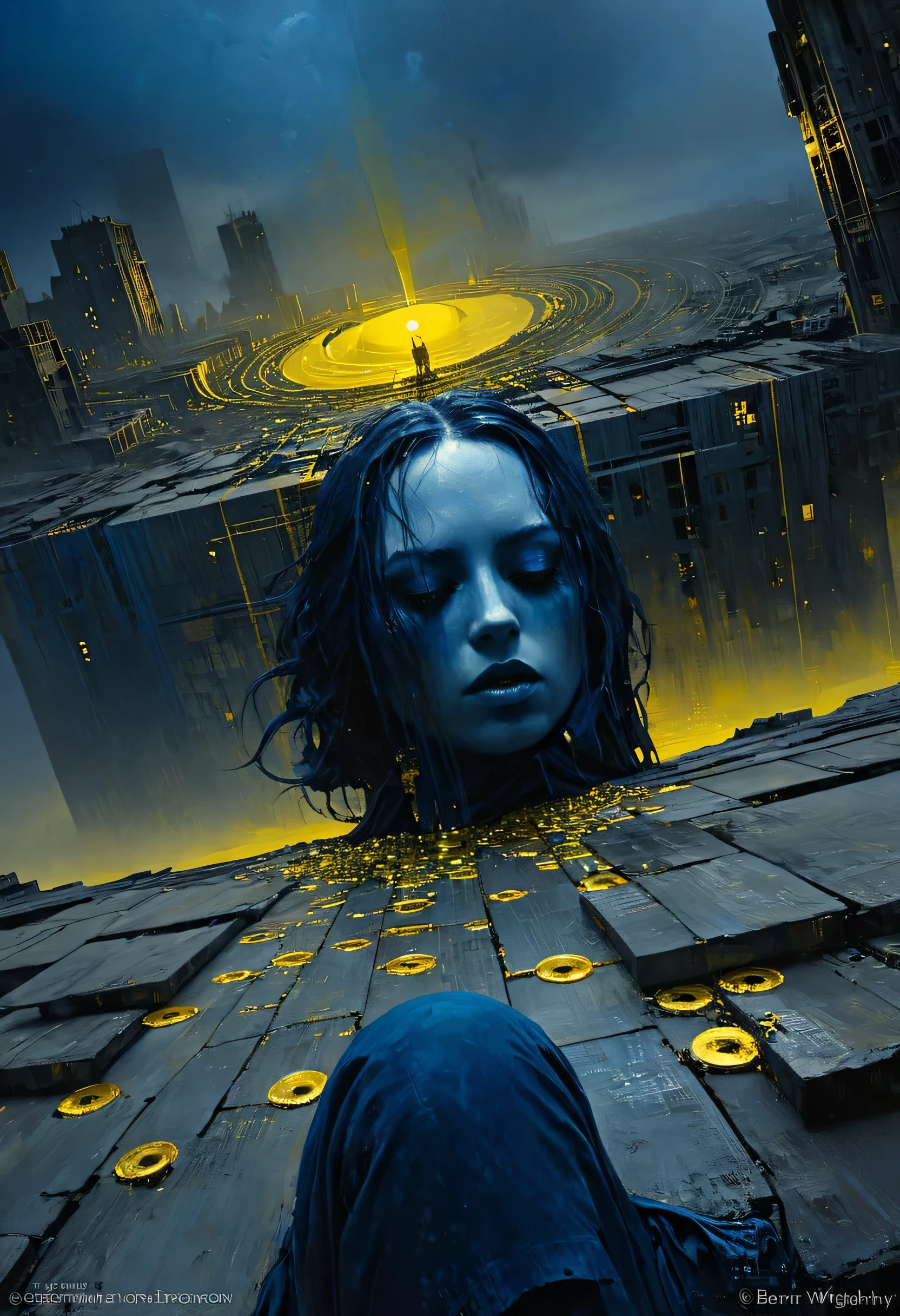 One face full canvas made and built by a crazy dream on wastelands, high tech ornaments composing a city inside, dark deep grey and black blue and golden yellow, 4D, 8K, photorealistic, dreamlike, big and complex composition storytelling, masterpiece, artwork by Bernie Wrightson, artwork by Jeremy Mann, Surrealism, Impressionism