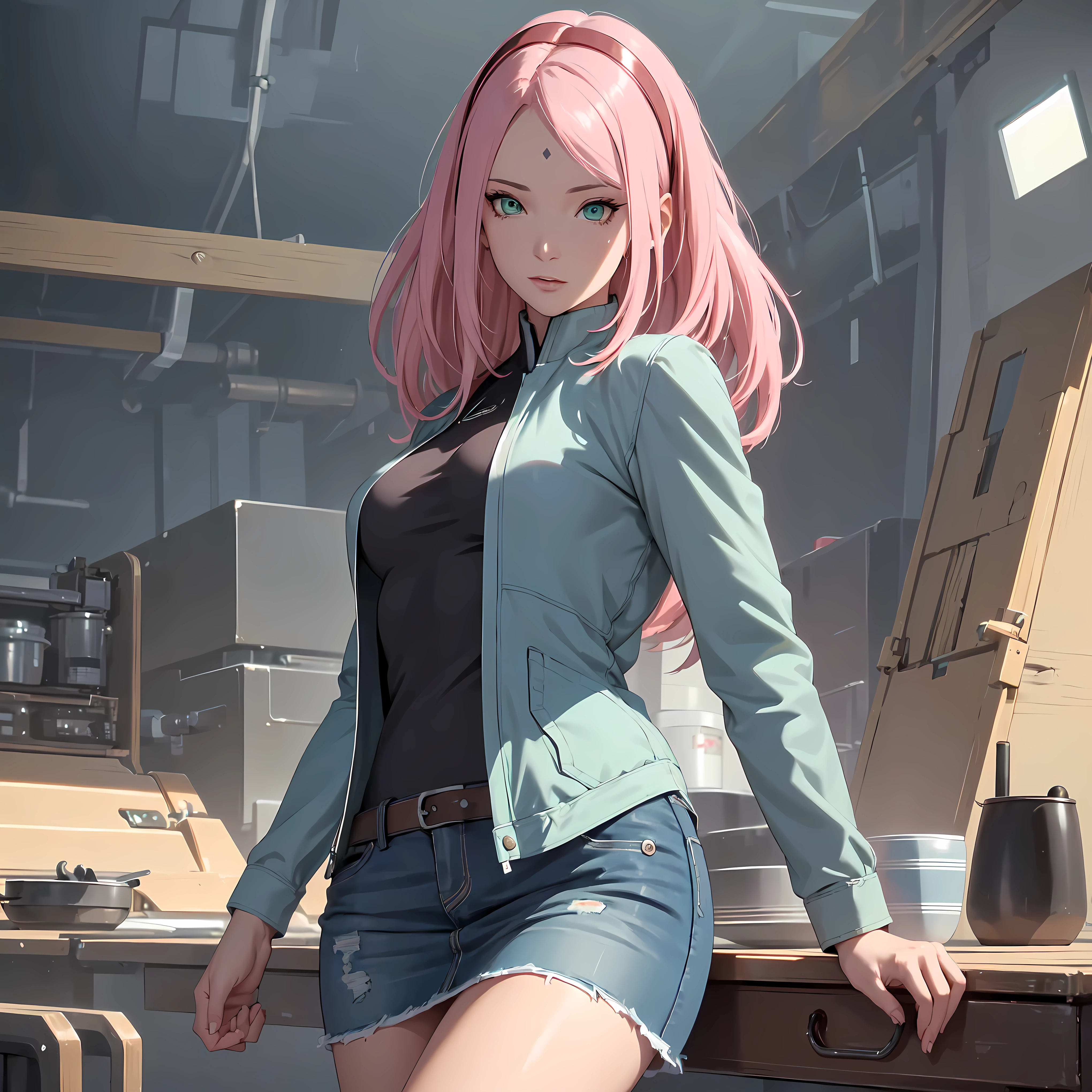 (best quality)), ((masterpiece)), (detailled), perfect face((best quality)), ((masterpiece)), (detailled), perfect face(best quality)), ((masterpiece)), (detailled), perfect face(best quality)), ((masterpiece)), (detailled), perfect face,stunning realistic, photorealistic, Photorealism, 1 girl sakura Haruno,pink hair, long hair, green eyes,dark blue diamond on the forehead,standing in a tent,arms behind back,sexy body,middle large breasts,open jacket, denim skirt