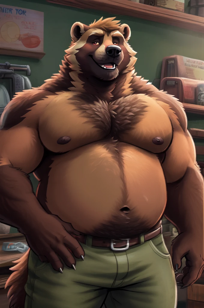 highest res, wolverine, anthro, 4 fingers, most realistic detailed accurate blurred background, middle aged  male in early 50's, musclegut, musclegut anthro, musclegut male, tail, standing in most realistic detailed canadian auto repair shop, solo, by dramamine, by nanoff, by minedoo, by dream_and_nightmare, by horrorbuns, very fluffy multi tone wolverine fur, full body view, most realistic most detailed wolverine fur pattern, color, and markings, most calm relaxed most tough and manly face, dynamic most calm realxed casual tough and manly serious masculine pose, smiling, smiling at viewer, frontal view, front facing view, canadian, tall most fat and chubby most sexy sky muscular body, dad bod, daddy, dilf, open mouth, open eyes, detailed dark pupils, nude malerfect quality, masterpiece, perked up ears, facing viewer, without text, indoors, closeup, most detailed huge pecs and moobs, most detailed medium sized belly, most realistic body proportions, most tough and manly, most detailed wolverine teeth, bottomwear, wearing most detailed very tough and manly masculine plain very old worn out jeans with most detailed belt and belt buckle, hdr, 8k, most detailed short wolverine hair, most detailed short most tough and manly mature most ae masculine hairstyle, an14, best anatomy, perfect ergonomics, noon, e621, most masculine male, very sweaty fur, most detailed deep navel, most detailed medium sized dark nipples, nipple tipreolas, ht hirsute body, tailed very long fluffy chest and belly hair, most detailed very long fluffy happy trail, 