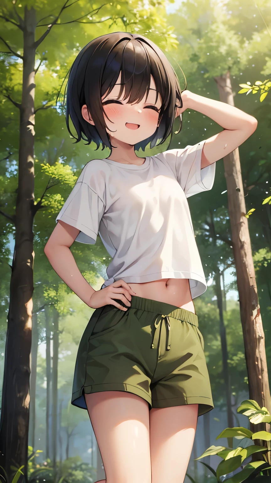 forest,smile,Are standing,close your eyes,1. small ,short hair,Black Hair,blush,White T-shirt,Olive green shorts,Brown Sandals,White skin,summer,From below,shy,Sweat,Please open your mouth wide,Wet, Put your hands behind your back,