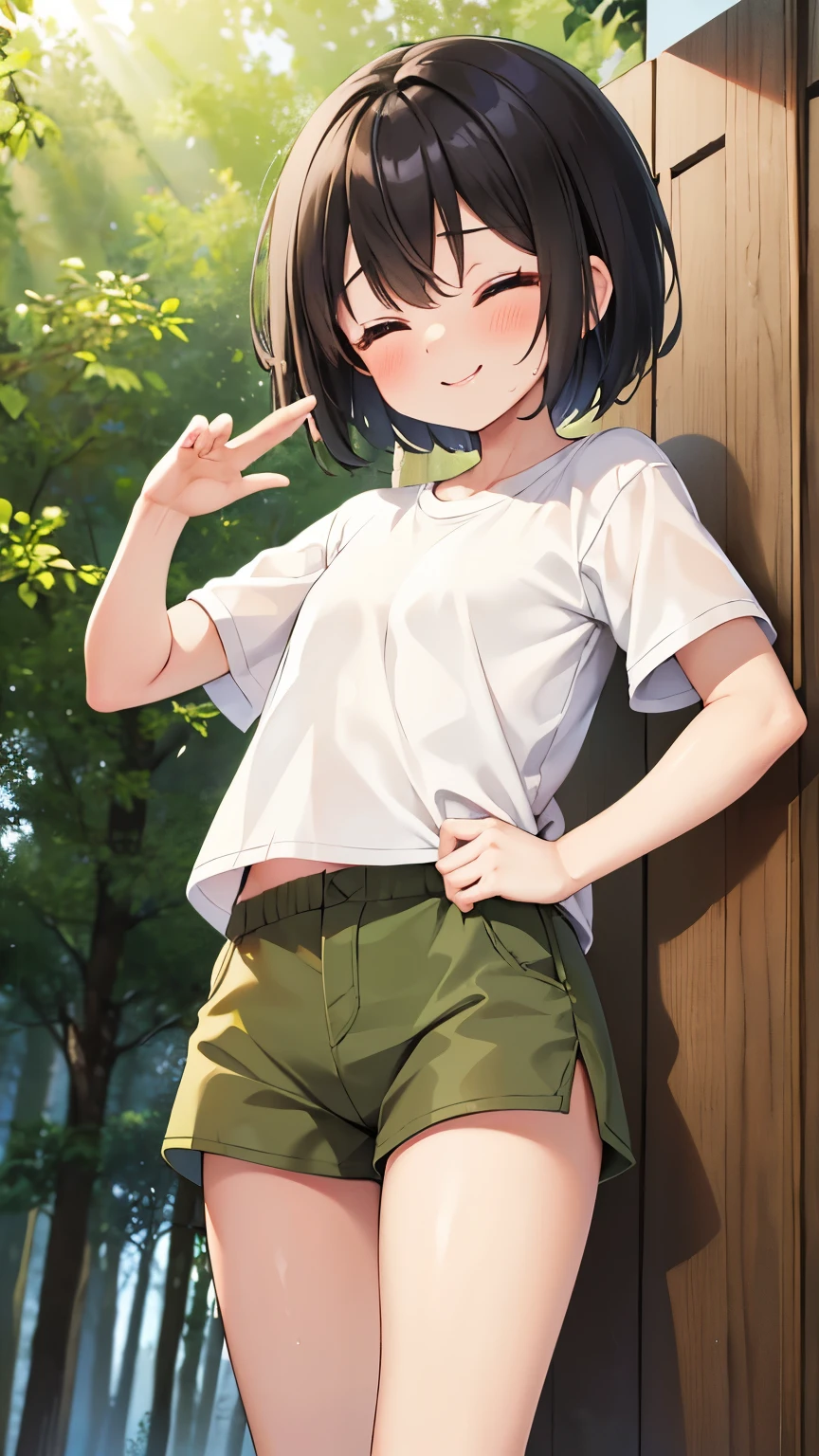 forest,smile,Are standing,close your eyes,1. small ,short hair,Black Hair,blush,White T-shirt,Olive green shorts,Brown Sandals,White skin,summer,From below,shy,Sweat,Please open your mouth wide,Wet, Put your hands behind your back,