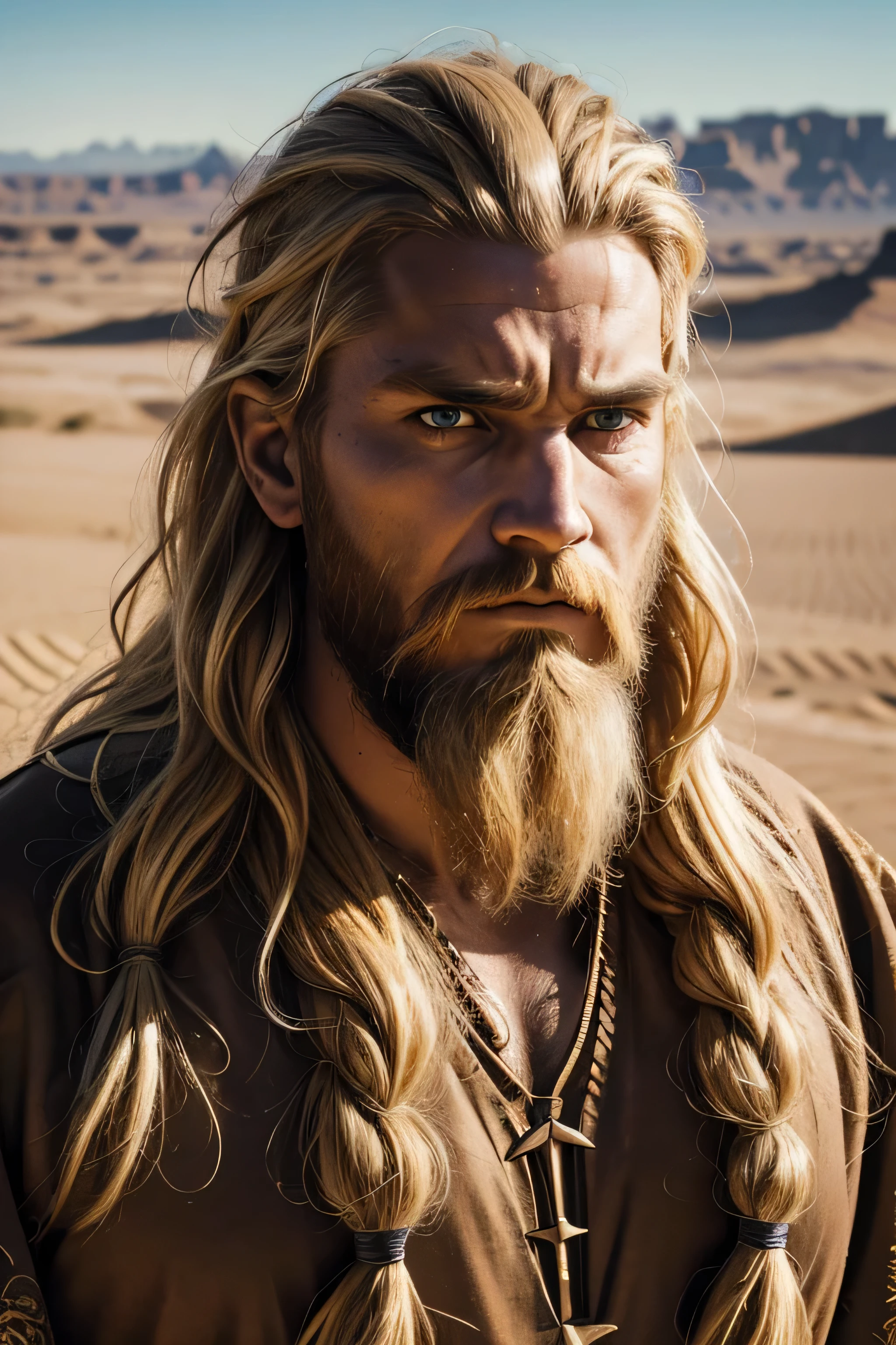 1 male viking, long blond hair, rough beard, wearing a caftan, ugly face, looking angry, 30 years old, desert background, absurdres, high res, ultrasharp, 8K, masterpiece, the image should be of absurd resolution and high detail. It should be ultra-sharp and available in 8K resolution, representing a masterpiece in image quality.