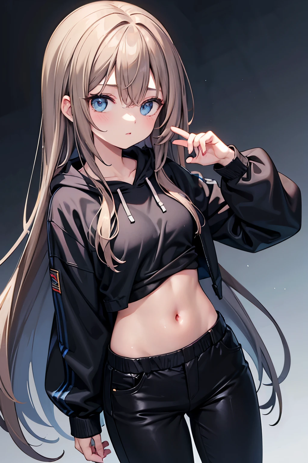 Long brown hair, light blue eyes, black hoodie, black shirt, black long pants, bare belly button
