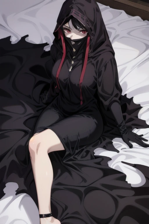 NNAssassinFSF, 1girl, solo, median breasts, black hair, red eyes, long sleeves, dress, hood, long skirt, black dress, cape, black cloak, hood up, black robe, covered mouth, hooded cloak, ((masterpiece,best quality)) bedroom , day, laying down. White gloves 