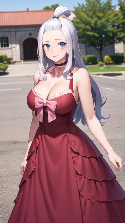 masterpiece, best quality, highres, aamira, long hair, bangs pinned back, topknot, forehead, choker, bare shoulder, cleavage, red dress, frilled dress, bow, sleeveless, cowboy shot, standing, outdoors, looking at viewer, town