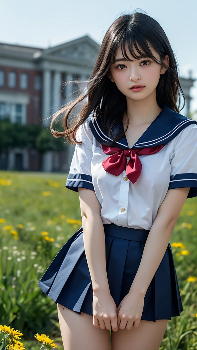 RAW quality, (masterpiece:1.2, Highest quality), (Realistic, photoRealistic:1.4), Beautiful illustrations, (Natural Side Lighting, Cinema Lighting), ,
(Observe the audience), 1 girl, Japanese, high school girl, Perfect Face, Symmetrical cute face, Glowing Skin, ,
(Mid-length hair:1.4, Twin Blade:1.2, Black Hair), Hair between the eyes:1.5, Hair above one eye:1.1, Big eyes, Emerald green eyes, Droopy eyes, Long eyelashes, (Large Breasts:0.6),
Beautiful Hair, Beautiful Face, Fine and beautiful eyes, Beautiful clavicle, Beautiful body, Beautiful breasts, Beautiful thighs, Beautiful legs,
((Symmetrical clothing, High-quality fabric, Cute short-sleeved sailor suit, Pleated skirt, Red bow tie)), Black socks, hair band,
(Beautiful views), Daytime, Flower Field, Modern, (Look forward), (Annoyed expression, Blushing, Embarrassed look), (((Pulling on skirt, Wind Rift))),