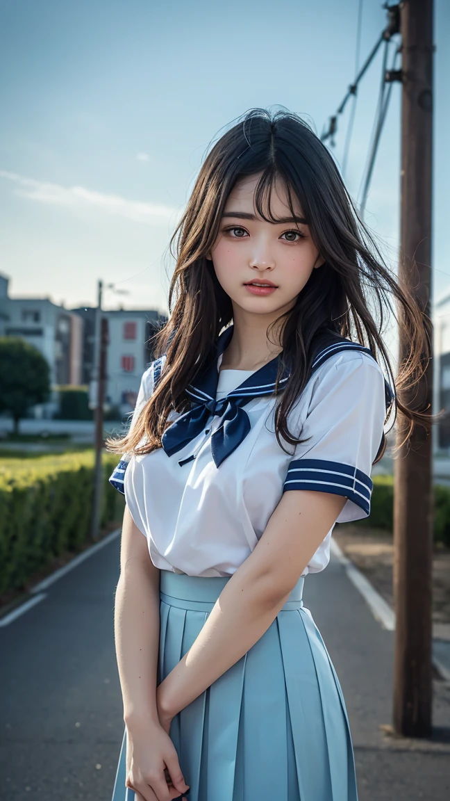 RAW quality, (masterpiece:1.2, Highest quality), (Realistic, photoRealistic:1.4), Beautiful illustrations, (Natural Side Lighting, Cinema Lighting), ,
(Observe the audience), 1 girl, Japanese, high school girl, Perfect Face, Symmetrical cute face, Glowing Skin, ,
(Mid-length hair:1.4, Twin Blade:1.2, Black Hair), Hair between the eyes:1.5, Hair above one eye:1.1, Big eyes, Emerald green eyes, Droopy eyes, Long eyelashes, (Large Breasts:0.6),
Beautiful Hair, Beautiful Face, Fine and beautiful eyes, Beautiful clavicle, Beautiful body, Beautiful breasts, Beautiful thighs, Beautiful legs,
((Symmetrical clothing, High-quality fabric, Cute short-sleeved sailor suit, Pleated skirt, Red bow tie)), Black socks, hair band,
(Beautiful views), Daytime, Flower Field, Modern, (Look forward), (Annoyed expression, Blushing, Embarrassed look), (((Pulling on skirt, Wind Rift))),