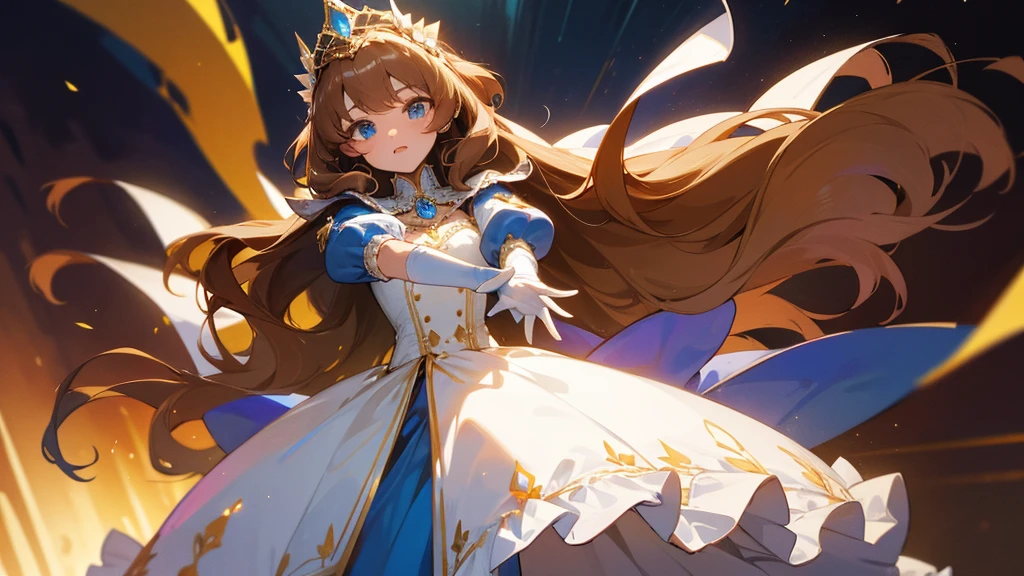 In the middle of the war, a princess uses her magic to protect her allies, and empower her troops. Her aura glows admist the darkness of the war, girl with long brown hair, an elaborate light blue ballgown, light blue eyes, long white embroidered gloves, a princess's tiara, enormous puffy sleeves, golden embroidery, flower details, long train, lots of lace and frills, a royal cape, jewelry, reaching out towards you.