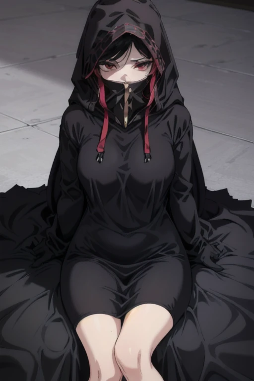 NNAssassinFSF, 1girl, solo, median breasts, black hair, red eyes, long sleeves, dress, hood, long skirt, black dress, cape, black cloak, hood up, black robe, covered mouth, hooded cloak, ((masterpiece,best quality)) bedroom, laying down. White gloves