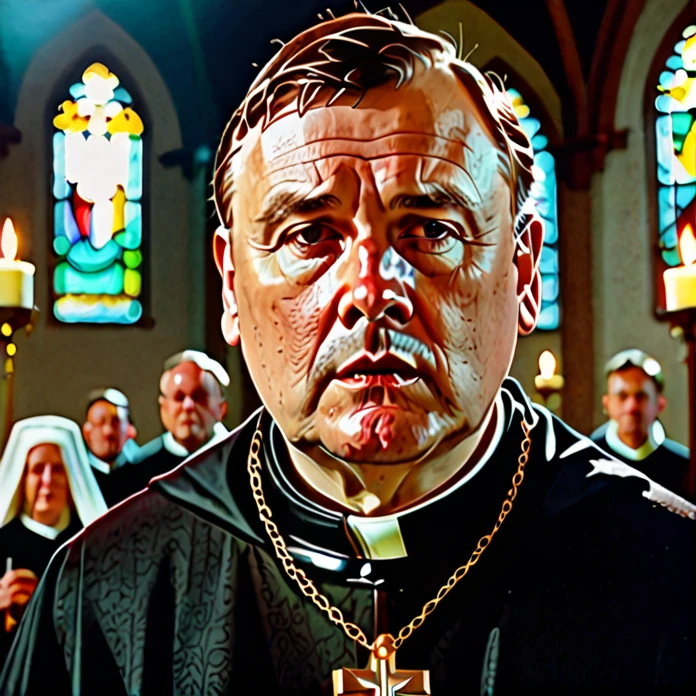 male priest, martin luther, black robes, older, handsome gentleman, mole under mouth, brown hair, cross necklace, religion, church in the background, dramatic lighting, cinematic angle, UHD, masterpiece, extremely detailed