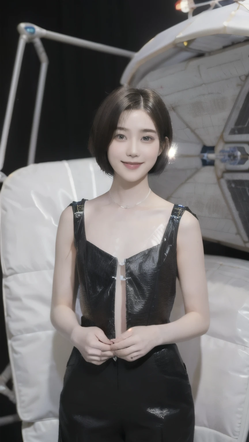 268 (20-year-old princess,Are standing), ((short hair:1.46)), (chest:1.46), Archaic Smile, (flower), (Spaceship:1.46)