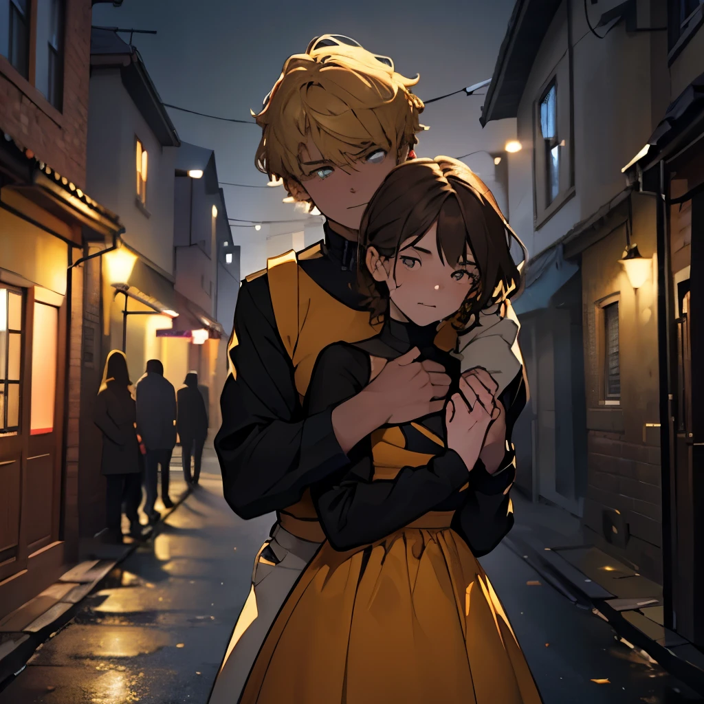  human Male  , Caucasian skin ,Haircut falling on the face, hair blonde, hugging a 16 year old black, black woman with brown curly hair, wearing a yellow dress in the background a city full of illuminated houses, the night.