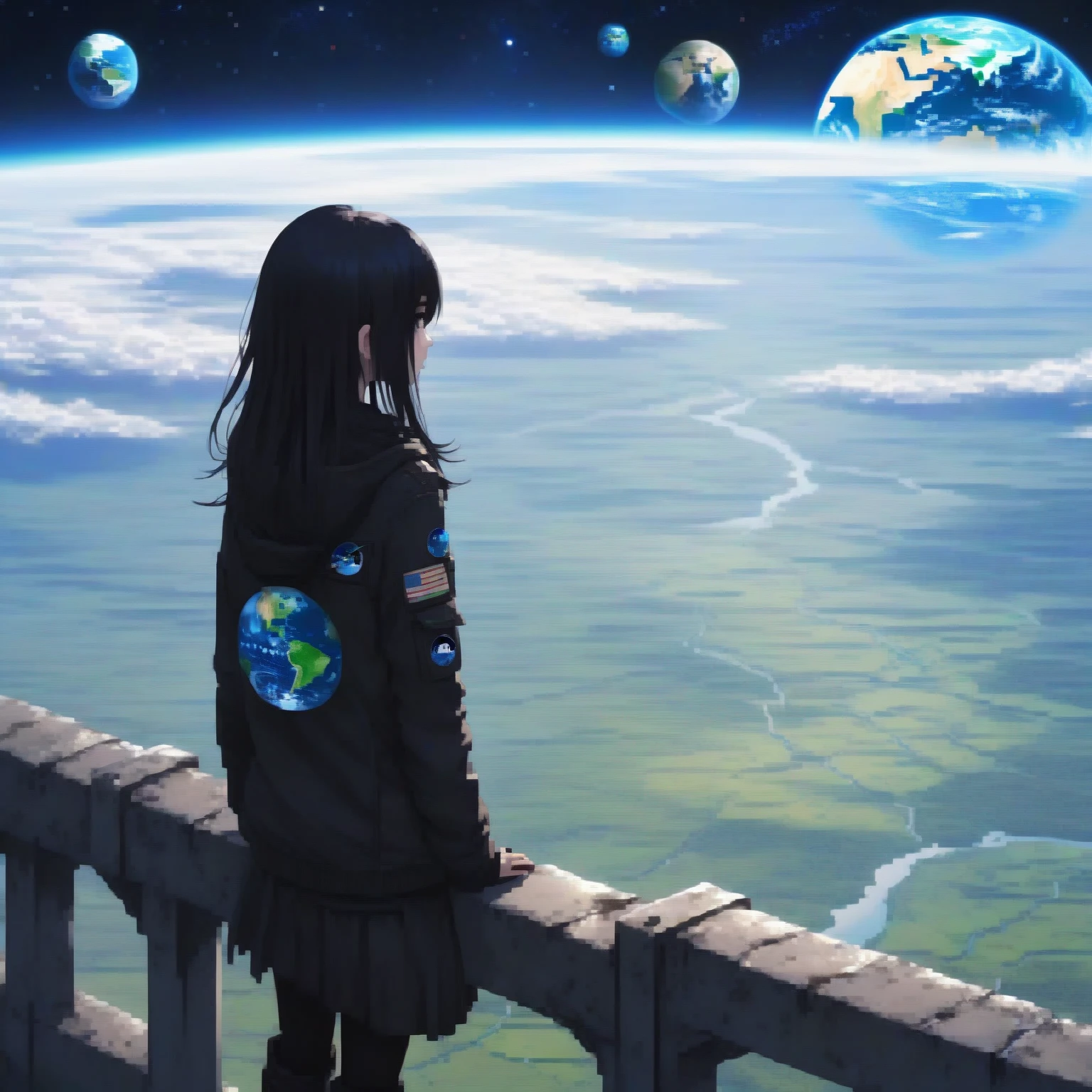 ma emo girl looking at the horizon, on a plain and in the background is planet earth