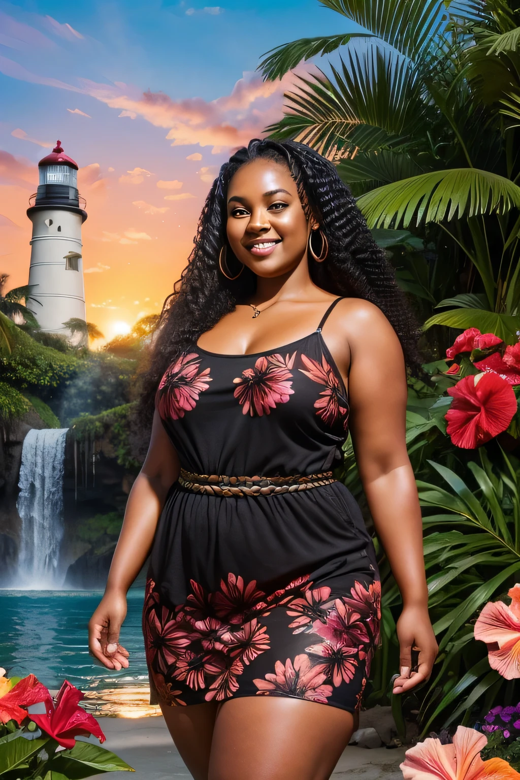 Papua New Guinean mum, Plus size woman, nsfw, wonderland background, colorful sunset, beach and lighthouse backdrop, tropical hibiscus flowers in foreground, Curly hair braids, chubby, fully nude, chocolate dark skin, huge XXL breasts, biggest boobs, cleavage, nipples, wide hips, huge ass, big booty, sexy legs, detailed face, full body view, head to toes, facing camera, HD Photo, Photorealistic, 2k Ultra HD