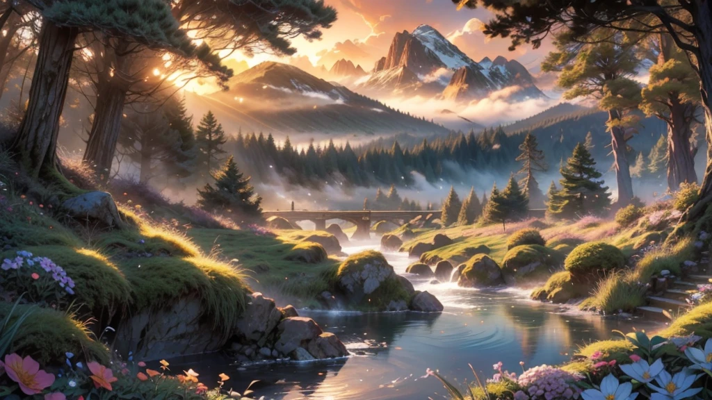 large deep clear glowing blue lake with island in the centre in a valley with huge dramatic mountains towering in the distance, ornamental lawns, rocks plants flowers shrubs trees moss lawns grass redwoods,sunset storm and strong sunbeams,misty hazy,extreme details,photorealistic,4k,HD,beautiful,nature, dreamy, imaginative