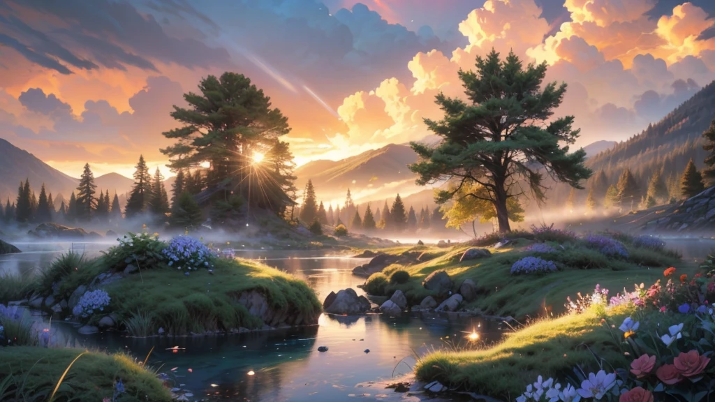 large deep clear glowing blue lake with island in the centre in a valley with huge dramatic mountains towering in the distance, ornamental lawns, rocks plants flowers shrubs trees moss lawns grass redwoods,sunset storm and strong sunbeams,misty hazy,extreme details,photorealistic,4k,HD,beautiful,nature, dreamy, imaginative