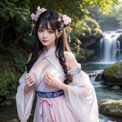 best quality, Delicate face,beautiful visual work, lifelike, eternity, black hair, Long curly hair, blunt bangs, Smile, Detailed Background, Delicate face,blush,cold,((masterpiece))、(top quality)、8k、high detail、Super detailed,21 years old female,身穿唐制Hanfu、waist skirt, Clothes are light and fluffy,Hanfu, wide sleeves, Transparent sleeves, Tunic, Clothes made of chiffon, Seductive and whimsical style、masterpiece、born、Scenes resembling fairy tale illustrations、intricate details和複雜的設計、Beautifully、magic、capricious、 Beautifully、Dream aesthetics、「𝓡𝓸𝓶𝓪𝓷𝓽𝓲𝓬、ethereal、charming、fickle、magic」、realism、Visual effects、FXAA、SSAO、Shader、voiceless、ambient lighting、Tone mapping、High resolution、Ultra high quality、Million pixels、(8K resolution:1.10)、8k、8k以下、8K resolution、high detail、intricate details, (high quality:1.2、masterpiece:1.2、:1.21)、(21 years old female:1.21)、(興奮地Smile)、(被dream般的氛圍所包圍、Model diagram,full-body shot,Normal 2 feet,Put your hands behind you,The protrusion of the breast is visible when wearing clothes, Large Breasts, H cup chest, antiquity, Xian Xia, gauze clothes, Soft and fluttering, Fairy, dream, fantasy, light, Elegant, nature, Immortal, romantic, classical, ribbon, pink clothes, By the stream, "Cross your hands and put them into your sleeves"