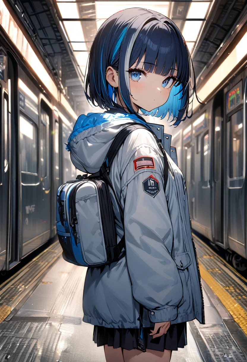 (((1girl))), ((little girl)), whole body, small breasts, (bob cut), (blunt bangs), smoky blue hair, (highlights hair), (white streaked hair), blue eyes, narrowed eyes, expressionless, tsurime, train station, looking at viewer, Parka, Looking back over one’s shoulder, masterpiece, best quality, high details, anatomically correct, high quality, best quality