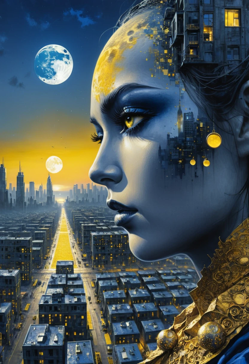 One face full canvas made and built by a crazy dream on wastelands, high tech ornaments composing a city, cityscape full of buildings on sunset, moon also visible, dark deep grey and black blue and golden yellow, 4D, 8K, photorealistic, dreamlike, big and complex composition storytelling, masterpiece, artwork by Bernie Wrightson, artwork by Jeremy Mann, Surrealism, Impressionism