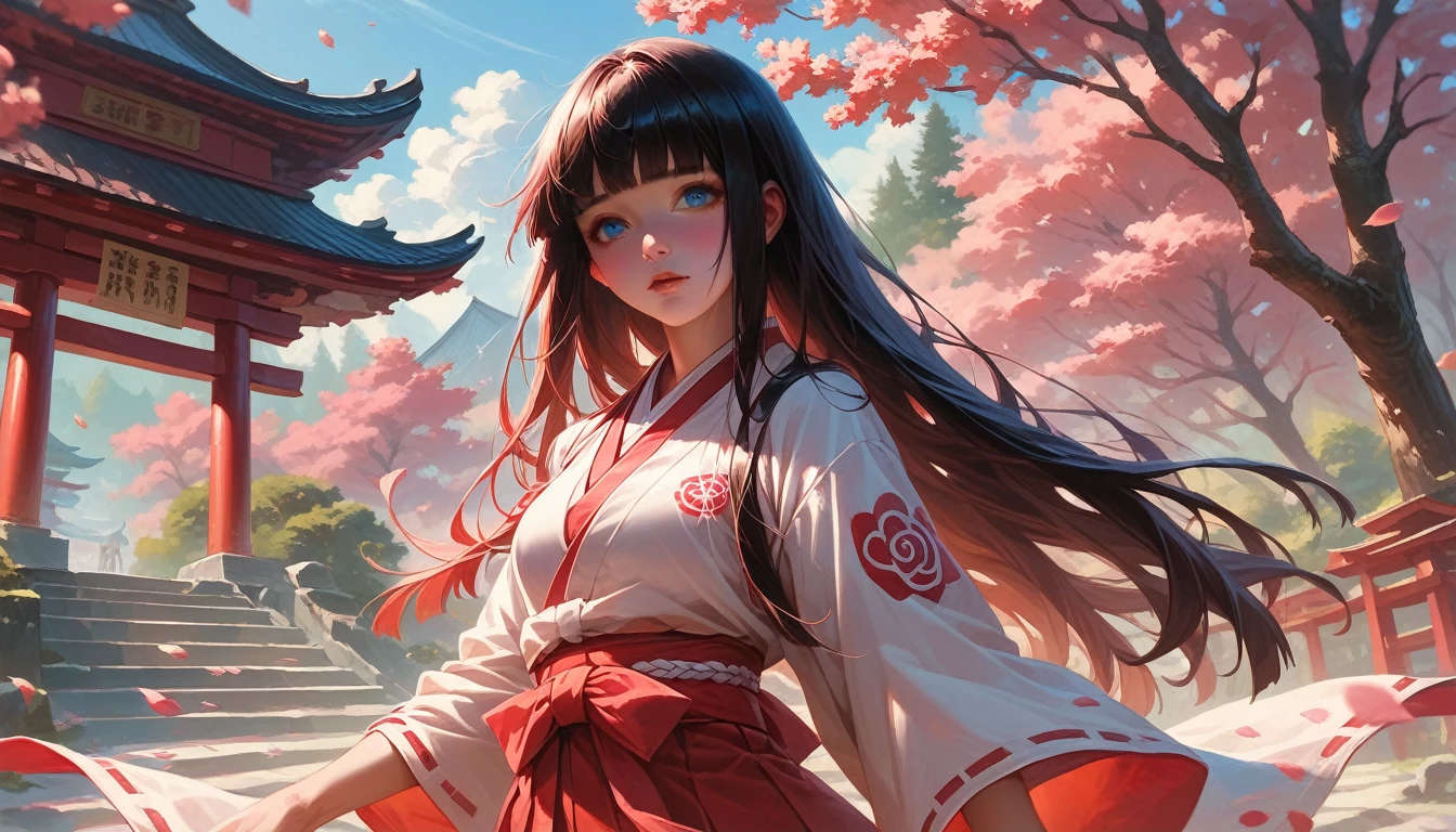 japanese miko clothing, black long hair hime cut, blue detail eyes at japanese temple shrine, high quality, pink sakura petals falling delicate
