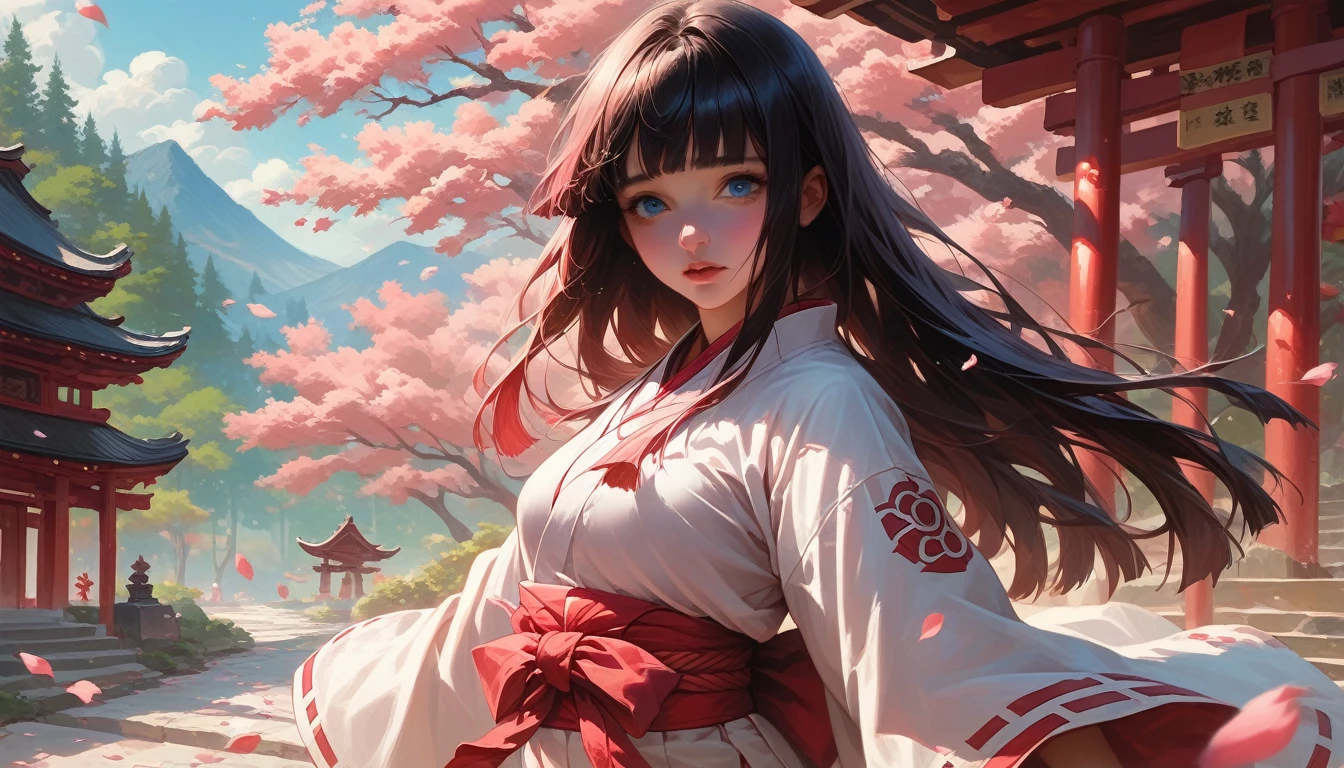 japanese miko clothing, black long hair hime cut, blue detail eyes at japanese temple shrine, high quality, pink sakura petals falling delicate