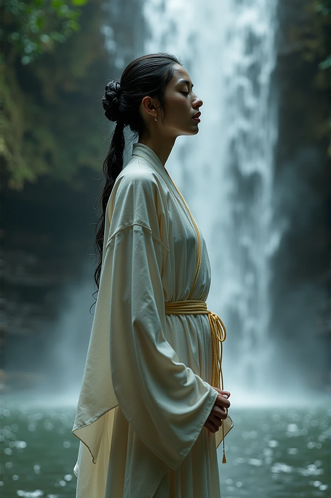 Illustrate a woman undergoing spiritual training by standing under a waterfall, her wet kimono clinging to her body and revealing her translucent skin. Capture the serene and introspective atmosphere of the scene, with the woman's closed eyes and serene expression conveying her deep focus and dedication to her mental and physical discipline. Use a muted color palette to enhance the tranquility of the surroundings, with the waterfall cascading down from a rocky cliff and the surrounding foliage adding a sense of natural beauty and isolation. Pay attention to the details of the woman's wet kimono, with its intricate patterns and folds, as well as the gentle play of light and shadow on her skin. Depict the water droplets falling from her hair and the mist rising from the water, creating a sense of movement and energy in the image. Overall, create an image that represents the transformative power of nature and the inner strength of the woman undergoing her spiritual journey.