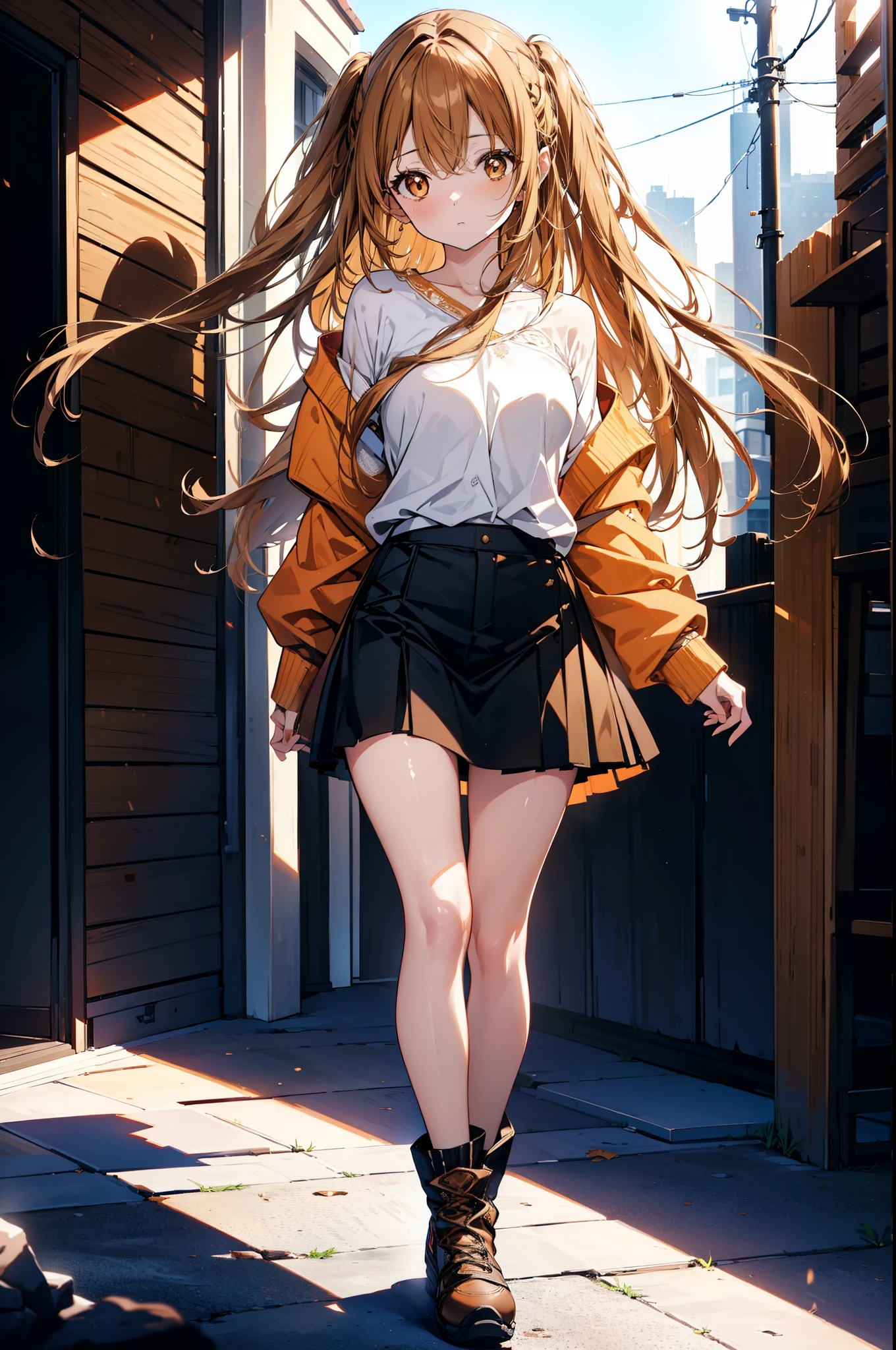 a sun ayuuki, a sun a yuuki, Long Hair, Brown Hair, (Brown eyes:1.8),Red one-shoulder sweater,mini skirt,Black tights,short boots,Daytime,Clear skies,Walking,whole bodyがイラストに入るように,
break outdoors, Building district,
break looking at viewer, whole body,
break (masterpiece:1.2), Highest quality, High resolution, unity 8k wallpaper, (figure:0.8), (Beautiful attention to detail:1.6), Highly detailed face, Perfect lighting, Highly detailed CG, (Perfect hands, Perfect Anatomy),