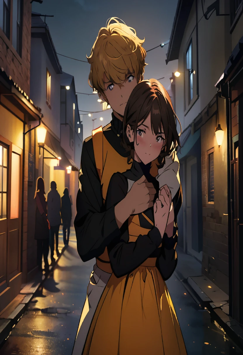 Anime couple hugging on the street at night, anime styling 4 k, offcial art, anime styling. 8k, official fanart, Anime digital illustration, today's featured anime yet, Anime main art, por Kamagurka, main visuals of the anime, non-style artwork by guweiz, high quality fanart, anime moe art style, 坏蛋动漫8 K