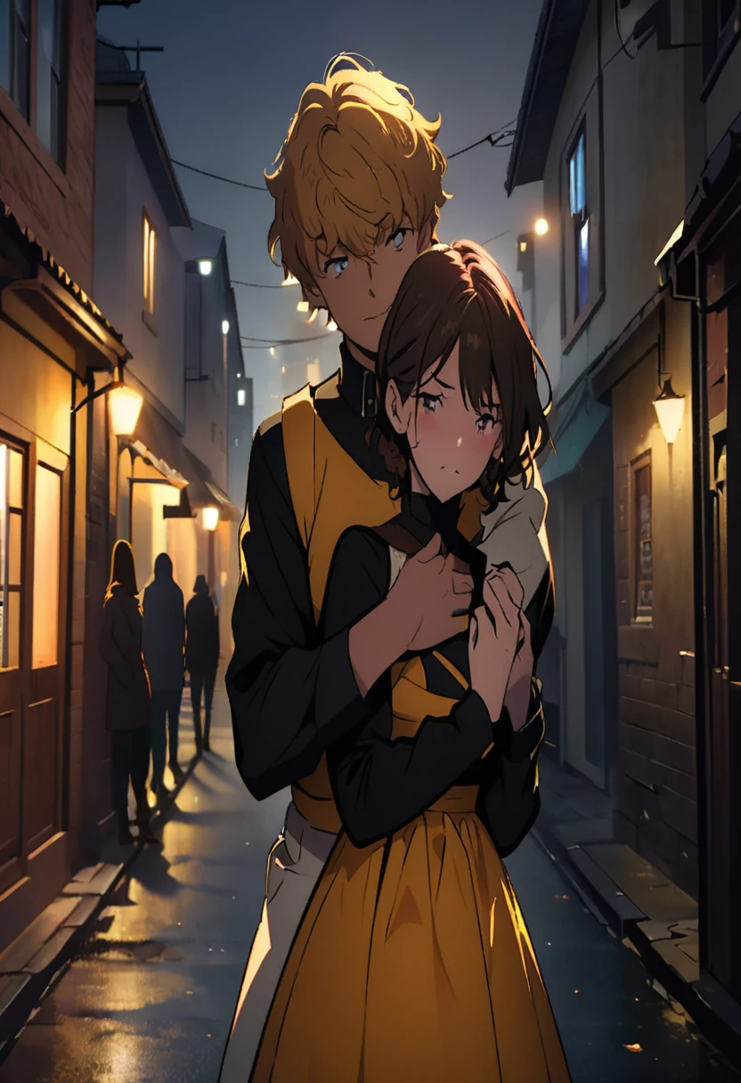 Anime couple hugging on the street at night, anime styling 4 k, offcial art, anime styling. 8k, official fanart, Anime digital illustration, today's featured anime yet, Anime main art, por Kamagurka, main visuals of the anime, non-style artwork by guweiz, high quality fanart, anime moe art style, 坏蛋动漫8 K