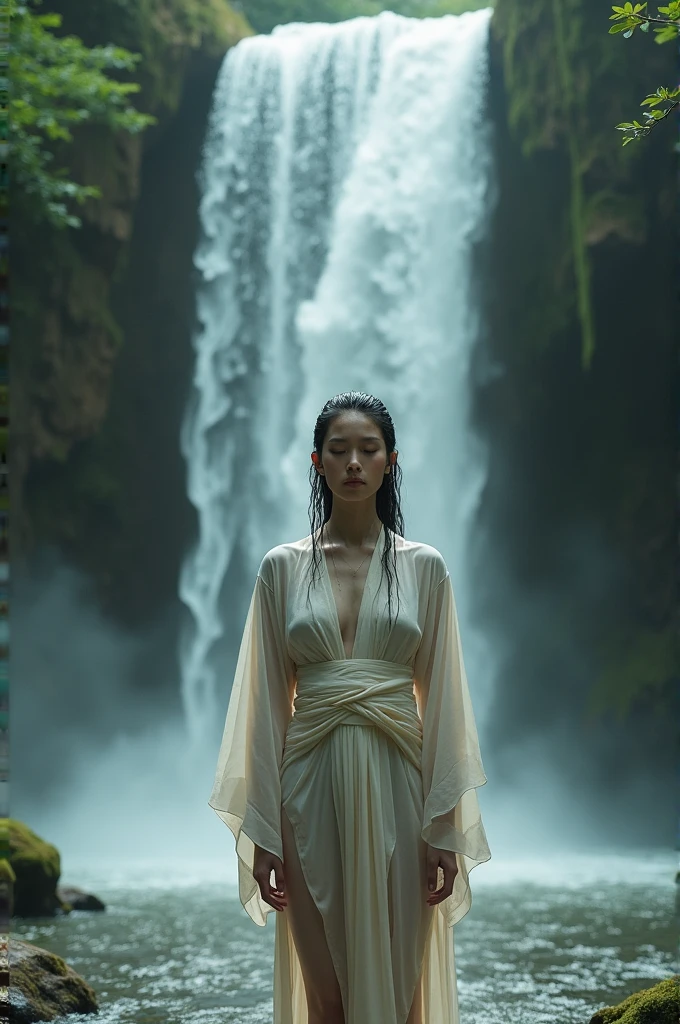 Illustrate a woman undergoing spiritual training by standing under a waterfall, her wet kimono clinging to her body and revealing her translucent skin. Capture the serene and introspective atmosphere of the scene, with the woman's closed eyes and serene expression conveying her deep focus and dedication to her mental and physical discipline. Use a muted color palette to enhance the tranquility of the surroundings, with the waterfall cascading down from a rocky cliff and the surrounding foliage adding a sense of natural beauty and isolation. Pay attention to the details of the woman's wet kimono, with its intricate patterns and folds, as well as the gentle play of light and shadow on her skin. Depict the water droplets falling from her hair and the mist rising from the water, creating a sense of movement and energy in the image. Overall, create an image that represents the transformative power of nature and the inner strength of the woman undergoing her spiritual journey.