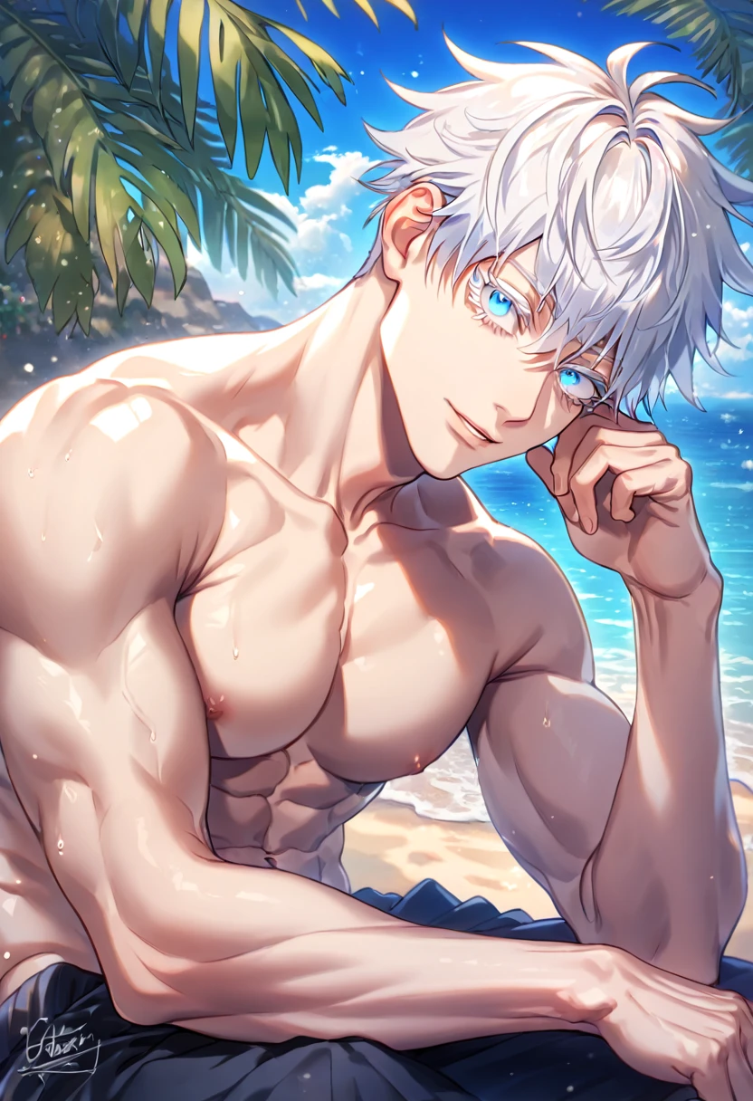 absurdres, highres, ultra detailed, HDR, master piece, best quality, detailed eyes, extremely detailed, delicated features, Gojou Satoru, white hair, expressive blue eyes, white eyelashes, Jujutsu Kaisen, solo, sexy man sitting, handsome, manly man, sensual, erotic, bare chest, magical, fantasy, sea, beach, blue sky