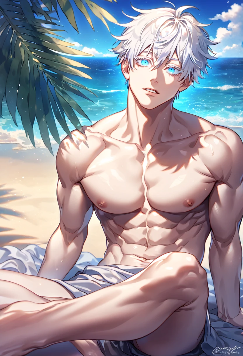 absurdres, highres, ultra detailed, HDR, master piece, best quality, detailed eyes, extremely detailed, delicated features, Gojou Satoru, white hair, expressive blue eyes, white eyelashes, Jujutsu Kaisen, solo, sexy man sitting, handsome, manly man, sensual, erotic, bare chest, magical, fantasy, sea, beach, blue sky