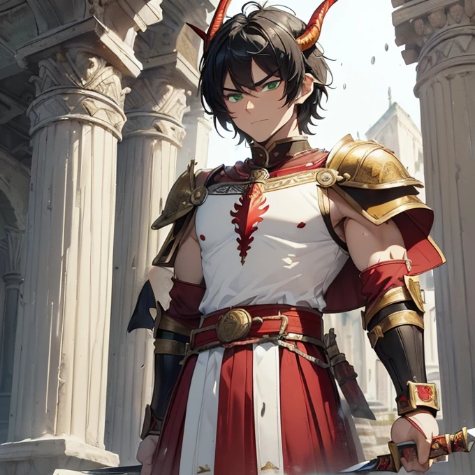High Resolution, Simple background, Masterpiece, Best Quality, Detail, HD, High Quality,
{{(male adult faun centurion: (fair skin, green eyes, pointy short black beard, sharp nose, black eyebrows, two goat firm horns), (roman crimson cuirass, bulky roman crimson shoulder plates, red roman armmored arms plates, crimson elbow plates, yellow belt, crimson armor hips, crimson knee armor plates, (yellow spear and silver roman gladius sword)), (rainy morning, roman white streets, roman houses, roman white pillars))}}