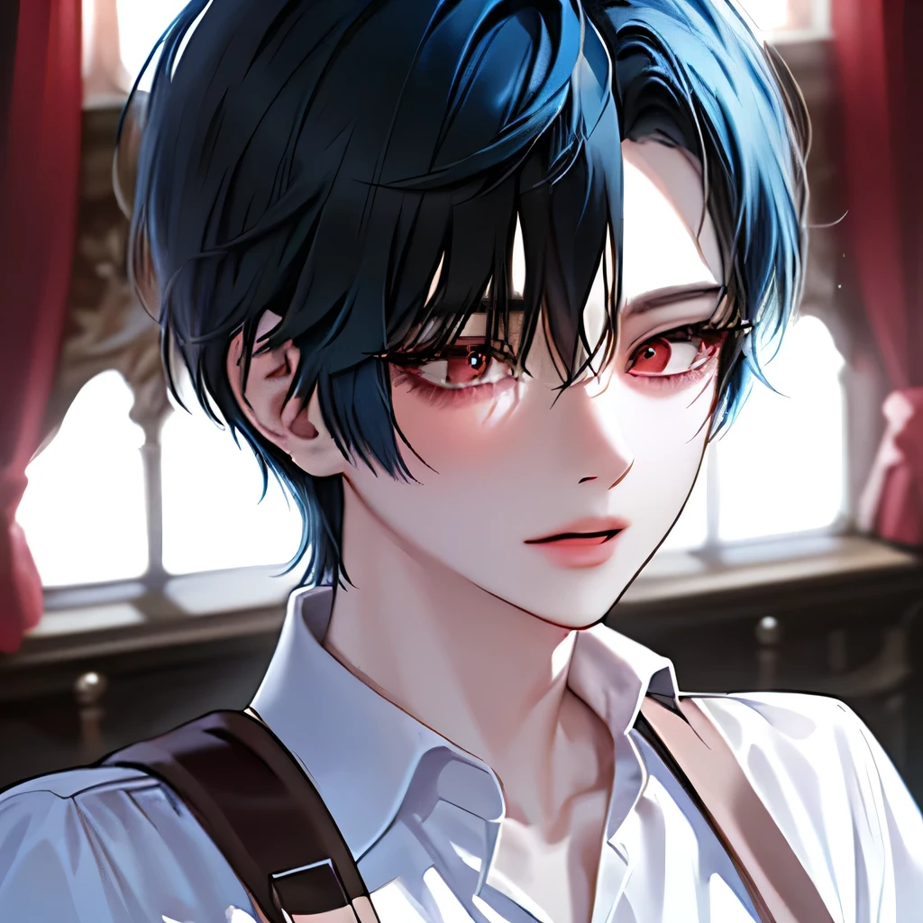 (absurdres, highres, ultra detailed),(Masterpiece, best quality:1.2), short messy hair,blue hair,deep red eyes, Androgynous, extremely detailed eyes, close up shot, Portrait, absolutely stunning art, Antique shop