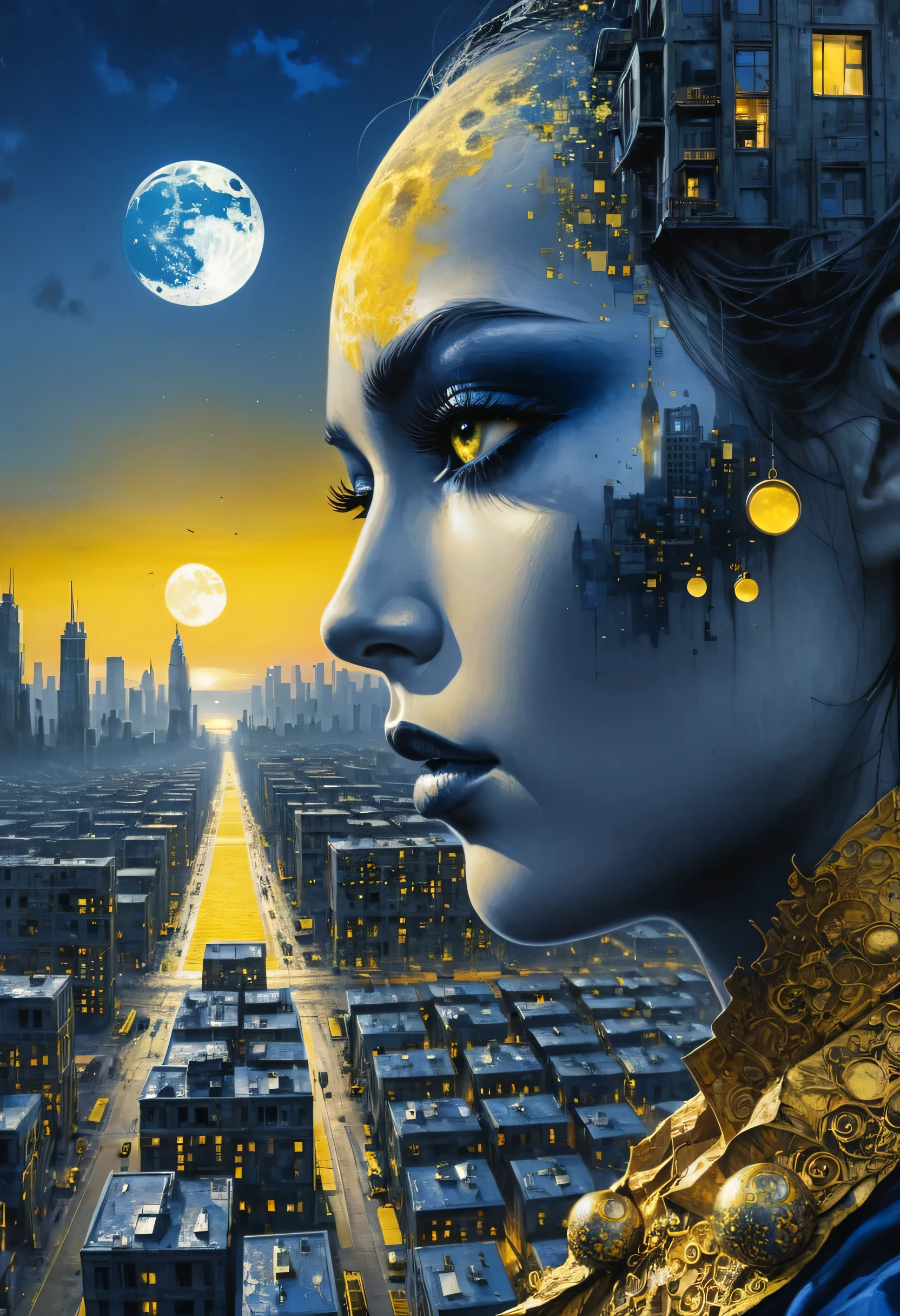 One face full canvas made and built by a crazy dream on wastelands, high tech ornaments composing a city, cityscape full of buildings on sunset, moon also visible, dark deep grey and black blue and golden yellow, 4D, 8K, photorealistic, dreamlike, big and complex composition storytelling, masterpiece, artwork by Bernie Wrightson, artwork by Jeremy Mann, Surrealism, Impressionism