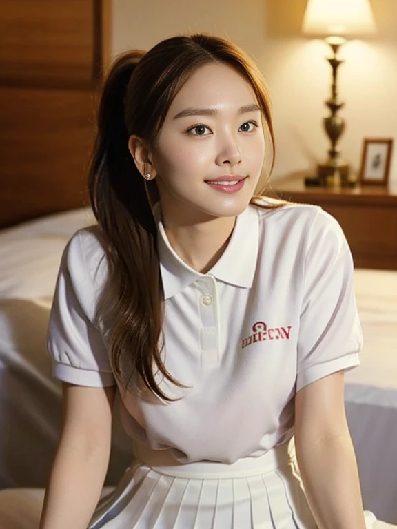 (Masterpiece, Best quality:1.4), (Ultra realistic, Photo-realistic:1.2), Seductive pose, (Beautiful thighs:1.1), Spread legs, Looking at viewer, Natural light, 28 years old actress, Japanese women, Neat and clean, ((Wearing white tennis uniform, White short-sleeve polo shirt with collar:1.2)), (unbutton:1.2), ((Wearing white pleated tennis skirt:1.2)), (ponytail:1.2), Light brown hair color, (Beautiful Face), Oval face, clear, (Beautiful eyes, Kind eyes), (Clear skin), Small face, (Small mouth, Beautiful mouth), Natural makeup, Approachable, Luxury hotel Suite room, Seductive smile, Bedroom eyes, Embarrassed, blush,