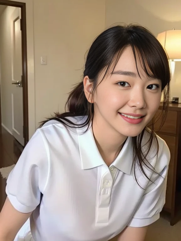 (Masterpiece, Best quality:1.4), (Ultra realistic, Photo-realistic:1.2), Seductive pose, (Beautiful thighs:1.1), Spread legs, Looking at viewer, Natural light, 28 years old actress, Japanese women, Neat and clean, ((Wearing white tennis uniform, White short-sleeve polo shirt with collar:1.2)), (unbutton:1.2), ((Wearing white pleated tennis skirt:1.2)), (ponytail:1.2), Light brown hair color, (Beautiful Face), Oval face, clear, (Beautiful eyes, Kind eyes), (Clear skin), Small face, (Small mouth, Beautiful mouth), Natural makeup, Approachable, Luxury hotel Suite room, Seductive smile, Bedroom eyes, Embarrassed, blush,