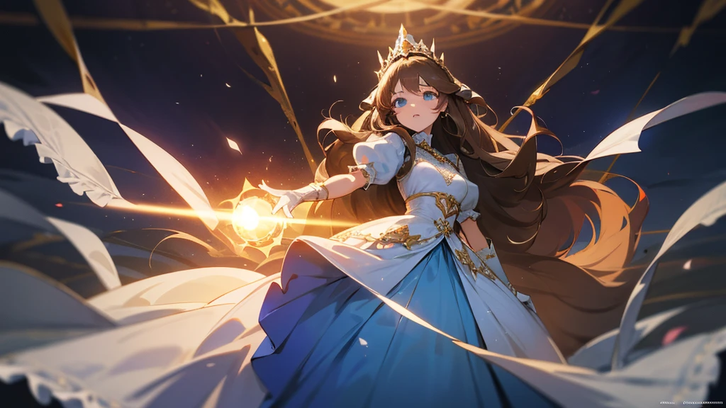 In the middle of the war, a princess uses her magic to protect her allies, and empower her troops. Her aura glows admist the darkness of the war as she prays, girl with long brown hair, an elaborate light blue ballgown, light blue eyes, long white embroidered gloves, a princess's tiara, enormous puffy sleeves, golden embroidery, flower details, long train, lots of lace and frills, a white ribbon in her hair, a royal cape, jewelry, reaching out towards you.