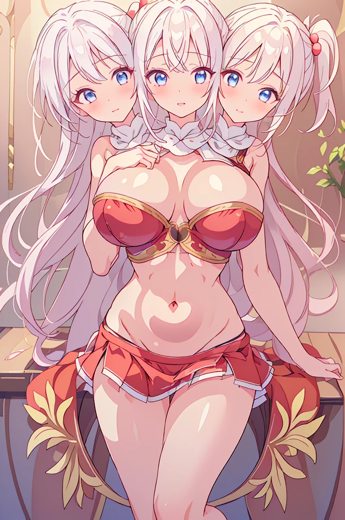 (masterpiece, best quality),best quality, (ultra-detailed), (3heads:1.5), 1girl, (shinki:1.3), masterpiece, best quality, ultra quality, ultra resolution, ultra detail, red top, crop top, ((stomach)), midriff, ((groin)), red skirt, normal ears, shackles, white hair, very long hair, wavy hair, sidelocks, light-blue eyes, parted lips, side ponytail, smiling, cute, toned belly, hand on own chest, eyelashes, (25 year old woman:1.3), (masterpiece:1.5), (best quality:1.5), (beautiful detailed), extremely detailed CG, extremely delicate and beautiful, depth of field, (finely detailed face), (perfect details:1.2), (mature female:1.3), wide pelvis, slender, large veiny breast, 16k resolution, highres, very high quality, very high definition, extremely detailed, masterpiece, white hair, long hair, alluring presence, short skirt, close up, very big breasts, huge breasts, young, white wings, open belly, girl with three heads, three headed girl,