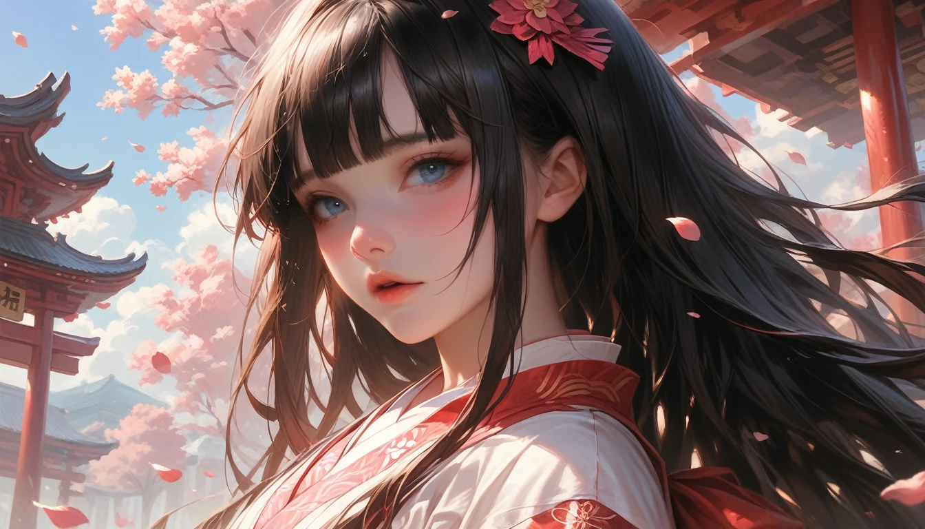japanese miko clothing, black long hair hime cut, blue detail eyes at japanese temple shrine, high quality, pink sakura petals falling delicate, face full iluminated