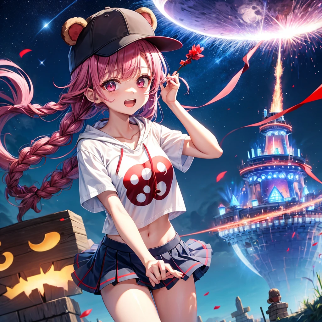 Red, blue and light purple hair、Red eyes、Braid、One cute girl、solo、And soul、Light clothing、Checked mini skirt、petal、black t-shirts、hoodie、bear ears baseball cap、large tree、Thundercloud、Burning Full Moon、desert、barefoot、Stones are piled up、Teeth are visible、Fortress City、Tilting face、Starry Sky、firework、Walking stick、Note