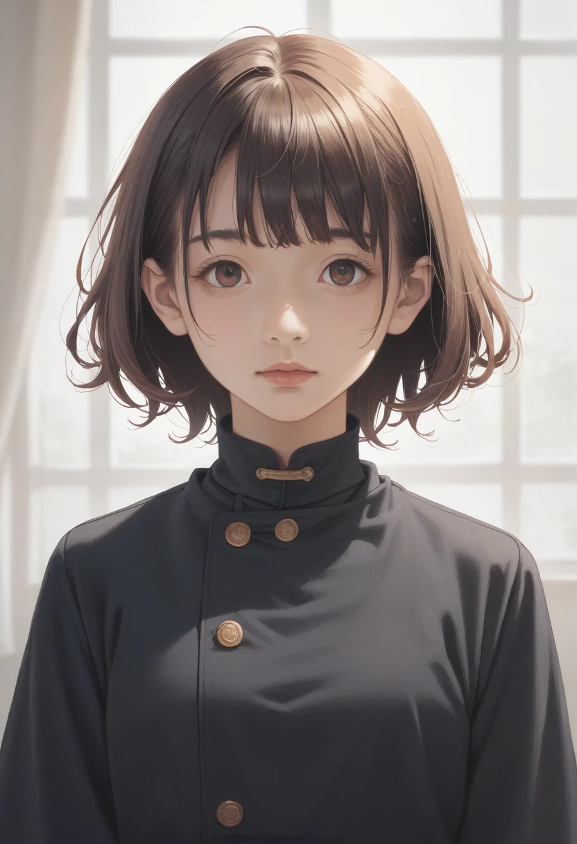 anime girl with short hair and brown eyes in a black dress, semirealistic anime style, anime style portrait, face anime portrait, painted in anime painter studio, in an anime style, portrait of an anime girl, sayori, made with anime painter studio, portrait of anime woman, detailed anime soft face, perfect anime face, in anime style, anime realism style