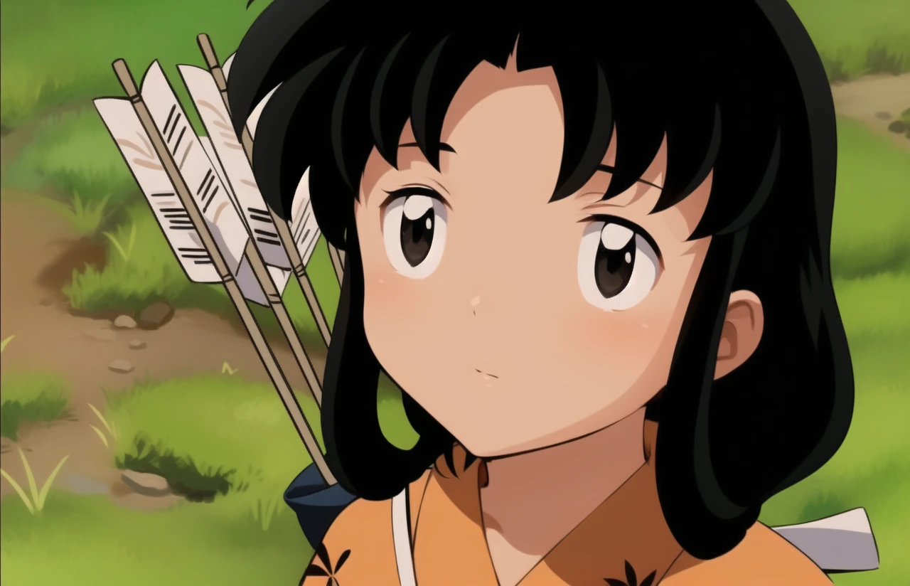 A beautiful girl in a yellow kimono, a beautiful bangs, carry some arrows, is called ((kaede)) Kikyo&#39;s sister