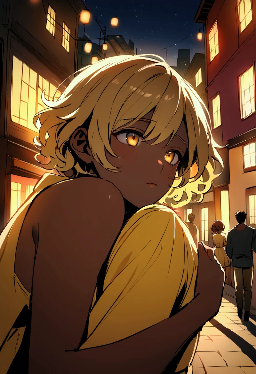 human Male 16 years old , Caucasian skin ,Haircut falling on the face, hair blonde, hugging a 16 year old girl, skin black, black woman with brown curly hair, wearing a yellow dress in the background a city full of illuminated houses, the night.
