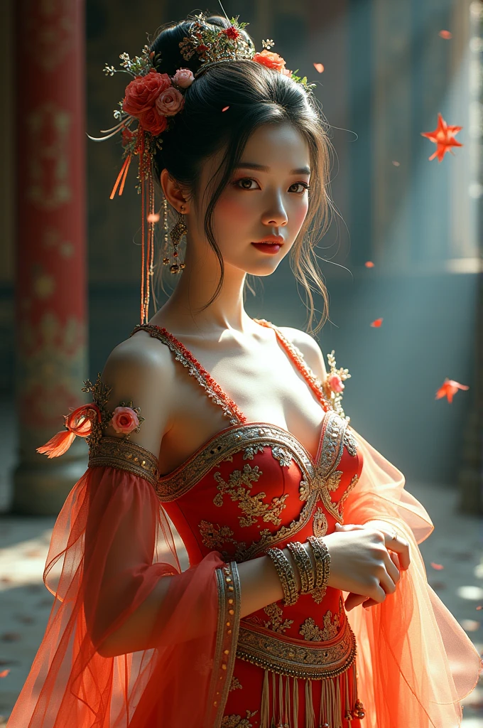 Chinese girl with coins gold , curvy body, big breast, white skin, gorgeous costumes embroidered with intricate embroidery, flowing tulle, transparent long colorful ribbons tied on the arms, inspired by Dunhuang Flying Apsaras murals, showing navel, bare shoulders, bare neck, hair in a high bun with flower hairpins, ribbons on arm rings, wreaths, bracelets, anklets, metal chain tassels on the waist, Mogao Grottoes art, ink painting, cgstation pop, in the night castle, ((fullbody)), ((super realistic))