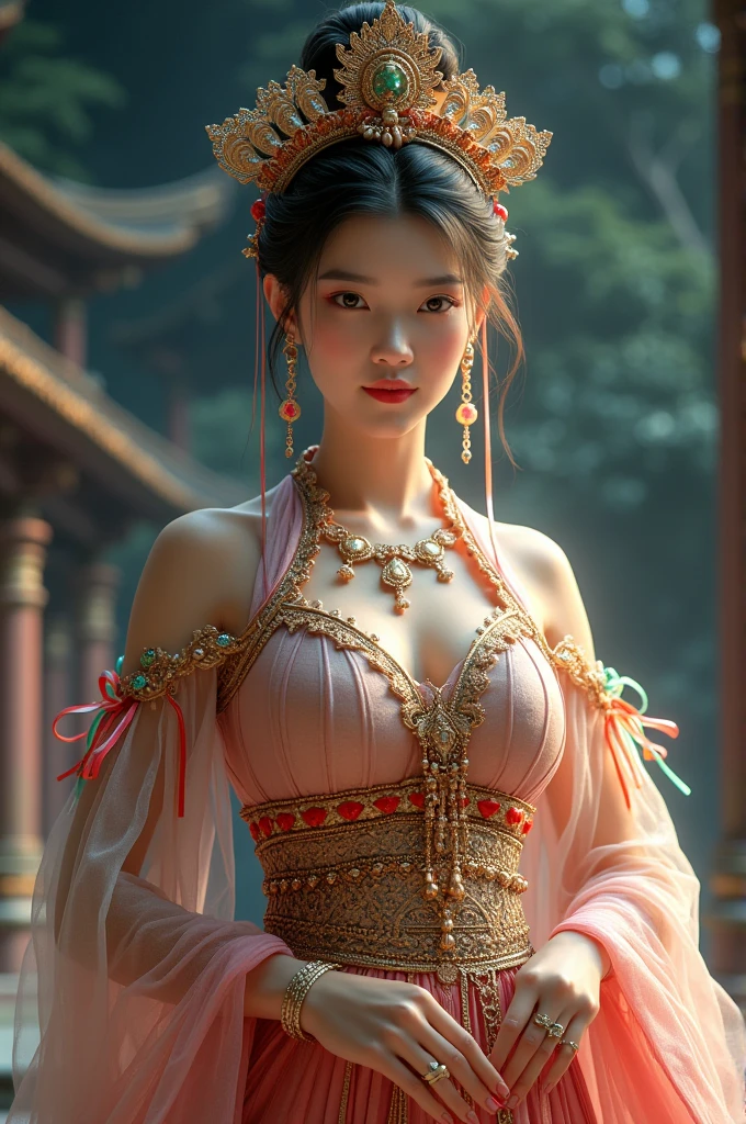 Chinese girl with coins gold , curvy body, big breast, white skin, gorgeous costumes embroidered with intricate embroidery, flowing tulle, transparent long colorful ribbons tied on the arms, inspired by Dunhuang Flying Apsaras murals, showing navel, bare shoulders, bare neck, hair in a high bun with flower hairpins, ribbons on arm rings, wreaths, bracelets, anklets, metal chain tassels on the waist, Mogao Grottoes art, ink painting, cgstation pop, in the night castle, ((fullbody)), ((super realistic))