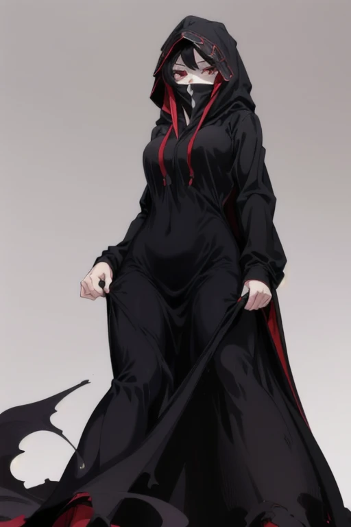 NNAssassinFSF, 1girl, solo, median breasts, black hair, red eyes, long sleeves, dress, hood, long skirt, black dress, cape, black cloak, hood up, black robe, covered mouth, hooded cloak, ((masterpiece,best quality)) bedroom, from below