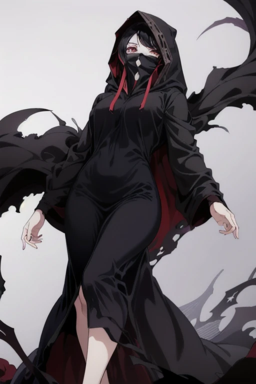 NNAssassinFSF, 1girl, solo, median breasts, black hair, red eyes, long sleeves, dress, long skirt, black dress, cape, black cloak, hood up, black robe, covered mouth, hooded cloak, ((masterpiece,best quality)) bedroom,