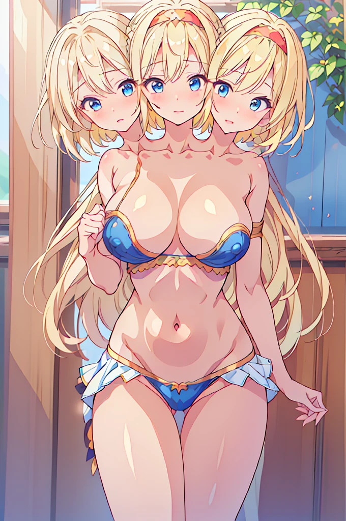 (masterpiece, best quality), best quality, (ultra-detailed), (3heads:1.5), 1girl, (alice margatroid :1.3), masterpiece, best quality, ultra quality, ultra resolution, ultra detail, blue top, crop top, ((stomach)), midriff, ((groin)), blue skirt, normal ears, shackles, blonde hair, very long hair, wavy hair, sidelocks, blue eyes, parted lips, smiling, cute, toned belly, hand on own chest, eyelashes, (24 year old woman:1.3), (masterpiece:1.4), (best quality:1.4), (beautiful detailed), extremely detailed CG, extremely delicate and beautiful, depth of field, (finely detailed face), (perfect details:1.2), (mature female:1.3), wide pelvis, slender, large veiny breast, 16k resolution, highres, high quality, high definition, extremely detailed, masterpiece, best quality, blonde hair, long hair, alluring presence, braid, short skirt, close up, very big breasst, huge breasts, young, frilled hairband, girl with three heads, three headed girl, ((blonde)),