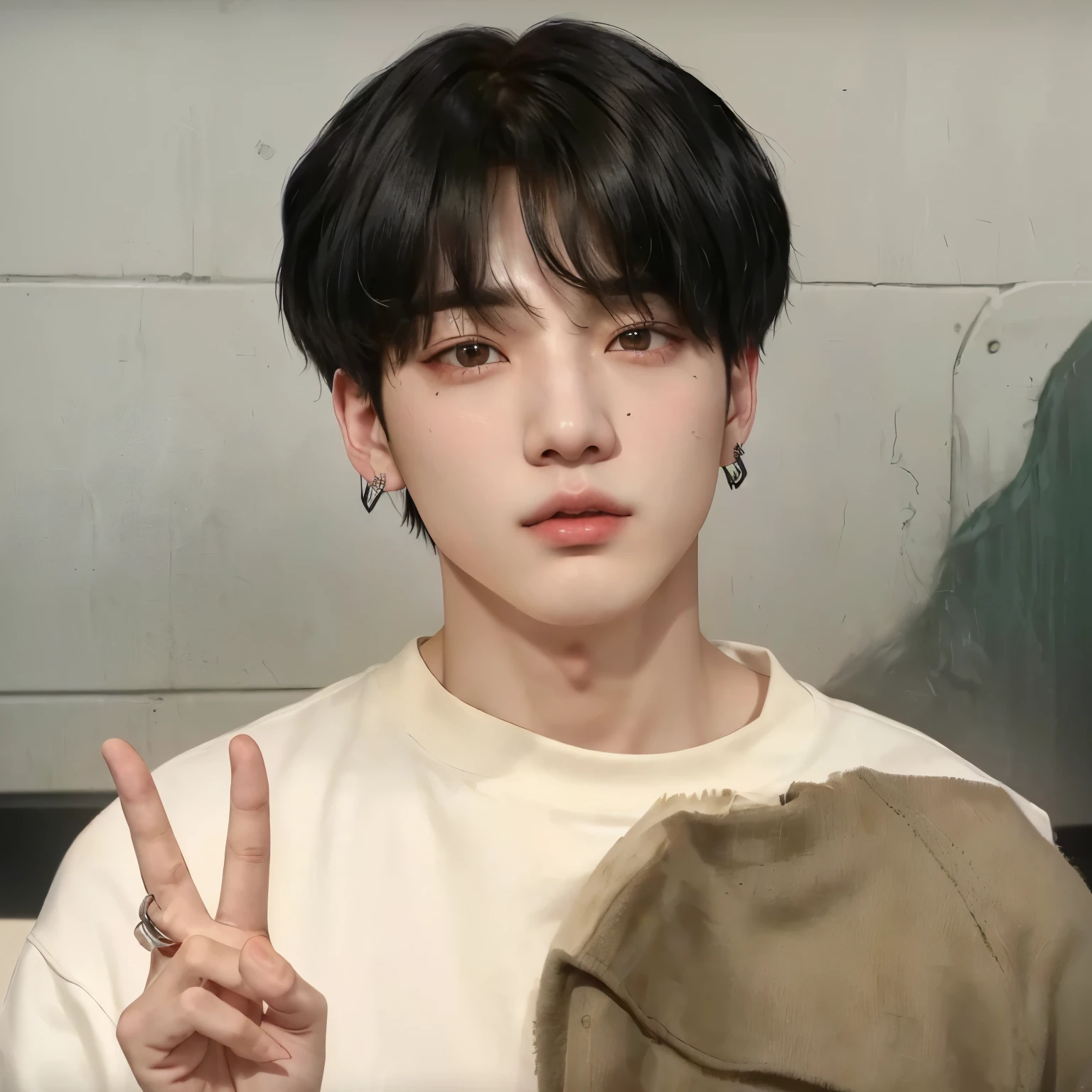 there is a man with a peace sign in front of him, jungkook, black haired yoongi, drain group blade, Hyung Tae, Kim Doyoung, TaeJune Kim, Jimin\his right eyelid is swollen, park Jimin, accurate Jimin face, Jinyoung Shin, white bangsblack hair, taken in the early 2020s, JUNGKOOK BTS, JEON JUNGKOOK 